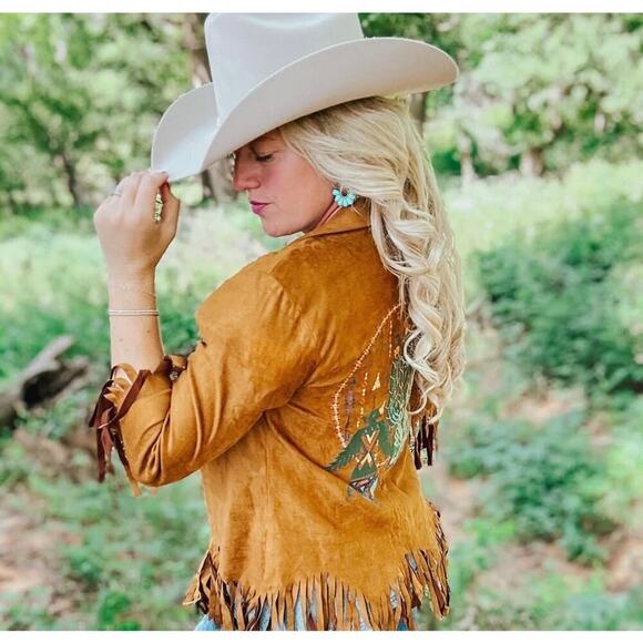 ANDRÉE by UNIT Tan Suede Fringe Jacket w/ Embroidered Cactus &Thunderbird Design - Picture 3 of 16